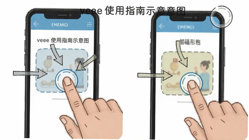 veeee使用指南示意图,展示手机操作界面,手指在屏幕上进行拖动、点击动作,箭头标注操作区域,风格教学化,画质干净
