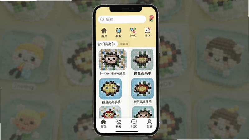 拼豆高高手手app主界面预览图,手机屏幕显示软件首页,顶部有搜索栏和分类图标,中间展示热门拼豆图案缩略图,底部导航栏包含首页、教程、社区、我的,整体布局清晰,风格清新可爱,背景为浅黄色,画质高清,干净无多余元素,文字标注'拼豆高高手手'