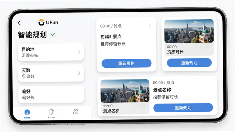 主体:UFun旅行App的“智能规划”功能界面,展示行程生成过程;布局:左侧为输入框(目的地、天数、偏好),右侧为生成的行程卡片列表;排版:左右分栏,左侧简洁,右侧详细;风格:现代卡片式UI,带阴影效果;细节:行程卡片包含时间、景点名称、推荐停留时长,底部有“重新规划”按钮;画质:干净,无多余元素