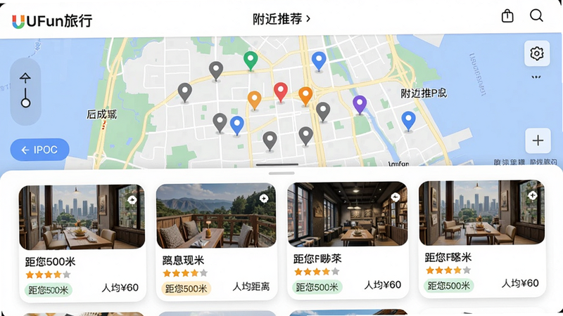 主体:UFun旅行“附近推荐”功能界面,展示列表与地图模式切换;布局:上半部分为地图,标注周边POI图标;下半部分为信息流卡片,每张卡片包含商家图片、名称、评分、距离;排版:上下结构,地图可拖动;风格:信息流式,卡片圆角;细节:卡片上显示“距您500米”“人均60”等标签;画质:干净,无多余元素