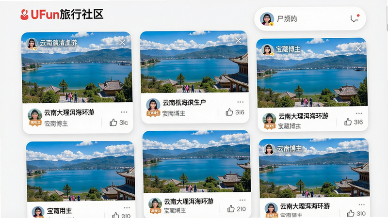 主体:UFun旅行社区界面,展示用户游记列表;布局:瀑布流卡片布局,每张卡片包含封面图、标题、用户头像及点赞数;排版:错落有致,封面图占主体;风格:小红书风格,清新自然;细节:封面图示例为“云南大理洱海环游”,用户头像旁有“宝藏博主”标识;画质:高分辨率,色彩鲜艳,无多余元素