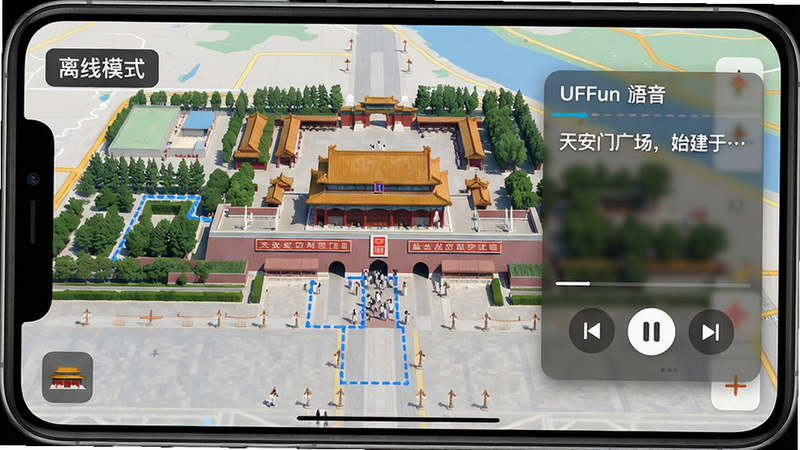 主体:UFun旅行离线地图界面,显示一条步行路线;布局:地图全屏,左上角显示“离线模式”标识,右侧浮窗展示当前景点语音播放界面;排版:地图占主体,浮窗半透明;风格:写实风格地图,路线用蓝色虚线标出;细节:语音播放界面显示“天安门广场,始建于…”字样,有播放/暂停按钮;画质:高清,无多余元素