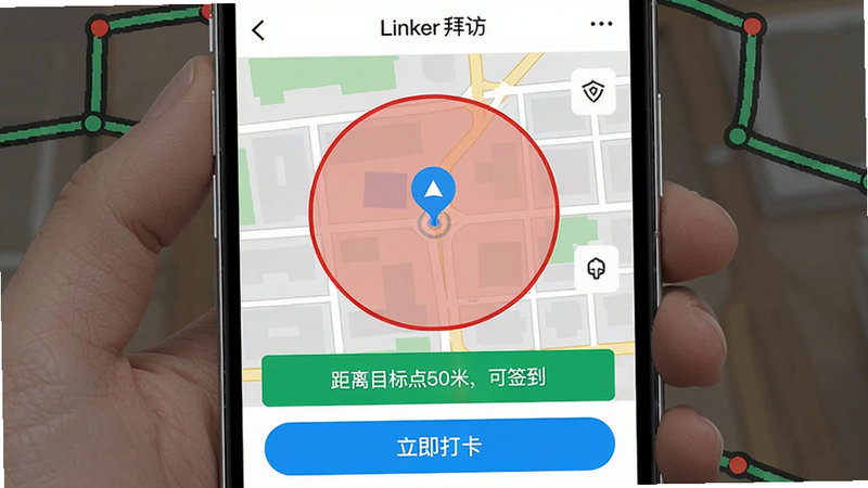 展示Linker拜访的定位打卡界面,地图上以红色圆圈标注打卡范围,中心有蓝色定位箭头,页面底部显示“距离目标点50米,可签到”的绿色提示文字,并有一个“立即打卡”按钮,整体UI风格现代,清晰展示电子围栏概念,画质细腻,无多余元素。