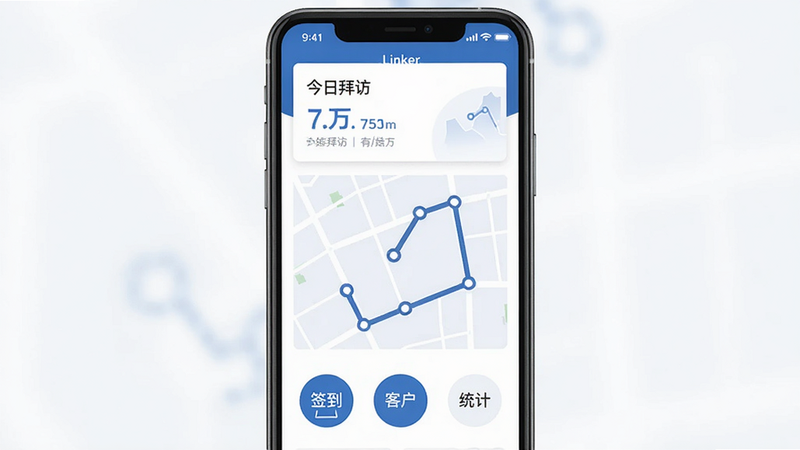 图片中展示一部智能手机,手机屏幕中显示Linker拜访主界面,界面上方有“今日拜访”统计卡片,中间为地图轨迹线条,下方有“签到”“客户”“统计”三个圆形按钮,整体风格为简洁商务蓝白配色,扁平化设计,画面干净,高分辨率,无多余元素。