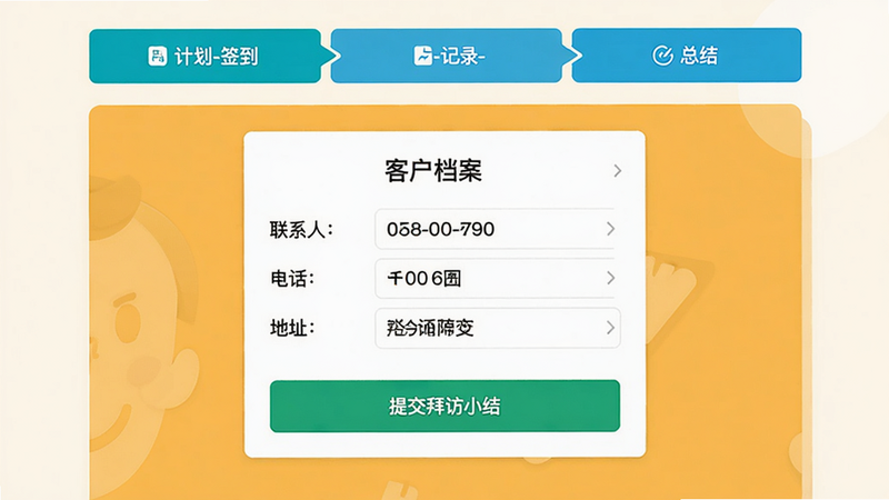 展示Linker拜访的拜访流程页面,顶部为步骤条“计划-签到-记录-总结”,中间为一张客户档案卡片,包含联系人、电话、地址字段,底部有“提交拜访小结”的按钮,设计风格与整体应用一致,扁平化,色彩明快,干净整洁,无多余元素。