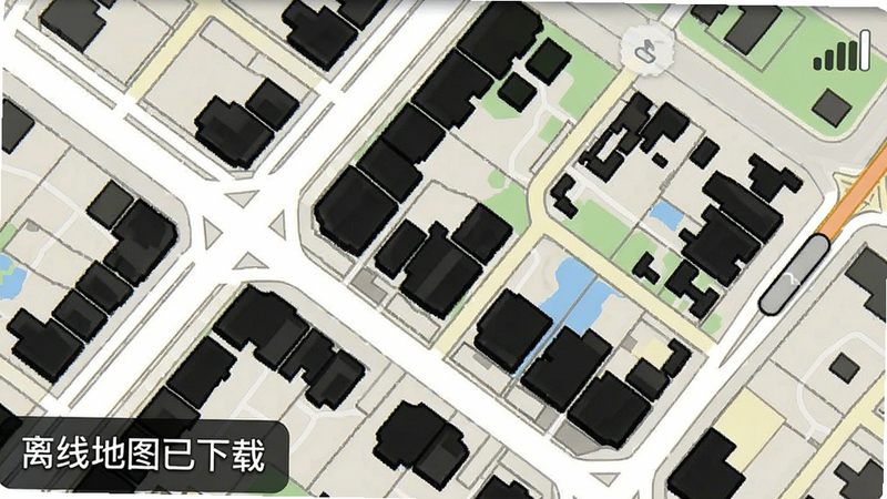展示Linker拜访的离线地图界面,地图显示街道与建筑轮廓,左下角有“离线地图已下载”标识,右上角有信号强度图标,整体界面简洁,地图细节清晰,无多余元素。