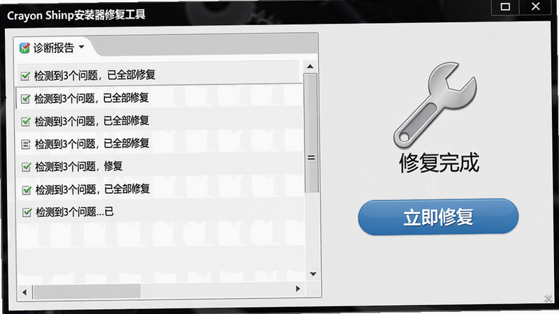主体:Crayon Shinchan安装器修复工具界面,显示扳手图标和“修复完成”字样。布局:左侧为诊断报告,右侧为“立即修复”按钮。排版:报告用列表形式,清晰易读。风格:专业工具感,细节:报告内容包含“检测到3个问题,已全部修复”,画质:干净,无多余元素。