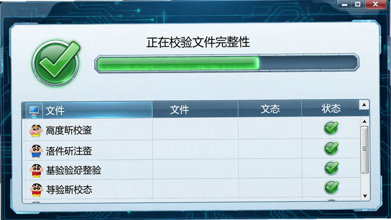 主体:Crayon Shinchan安装器进行文件校验的界面,显示绿色对勾图标。布局:中央显示校验进度条,下方列出文件列表。排版:表格形式,每行文件后带有状态标记。风格:科技感,细节:进度条上方文字“正在校验文件完整性”,画质:清晰,干净,无多余元素。