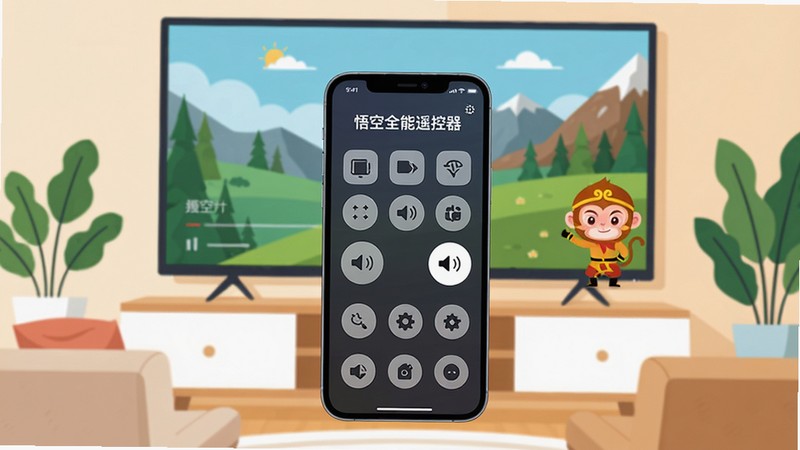 主体:一部智能手机悬浮在客厅电视屏幕前,手机屏幕上显示“悟空全能遥控器”的遥控界面,界面中有频道切换、音量调节等虚拟按键;布局:手机位于画面中央偏下,电视屏幕作为背景占据画面上半部分,客厅沙发与绿植点缀两侧;排版:手机屏幕内容清晰可见,电视屏幕中播放着高清风景画面;风格:现代扁平化插画风格,色彩明亮温馨;细节:手机屏幕上的按键标注“悟空全能遥控器”字样,电视屏幕右下角有一个小小的悟空卡通形象;画质:高清渲染,干净,无多余元素。