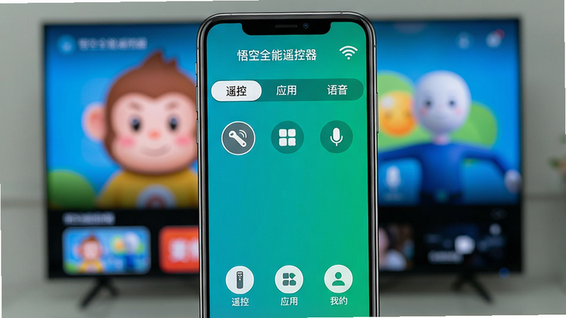主体:手机屏幕显示“悟空全能遥控器”连接成功后的主界面,界面有“遥控”、“应用”、“语音”等标签;布局:手机位于画面中央,背景为模糊的电视播放画面;排版:界面底部有三个圆形导航按钮,分别标注“遥控”、“应用”、“我的”;风格:简洁UI展示风格,色彩明快;细节:屏幕顶部有“悟空全能遥控器”字样,右上角有Wi-Fi图标;画质:高清,干净,无多余元素。