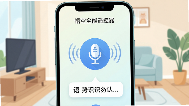 主体:手机屏幕显示“悟空全能遥控器”语音控制界面,界面中央有一个麦克风图标,下方有语音识别文字;布局:手机位于画面中央,背景为简约客厅;排版:麦克风图标醒目,识别文字以对话气泡形式呈现;风格:插画风格,色调清新;细节:麦克风图标周围有音波特效,屏幕顶部有“悟空全能遥控器”字样;画质:高清,干净,无多余元素。