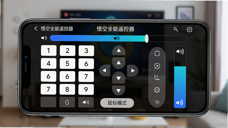 主体:手机横屏显示“悟空全能遥控器”的模拟按键界面,界面包含数字键盘、方向键、音量条等元素;布局:手机屏幕占据画面主体,背景为模糊的客厅电视墙;排版:按键排列整齐,数字键1-9清晰可见,底部有“鼠标模式”切换按钮;风格:UI界面展示风格,色彩对比鲜明;细节:屏幕上方有“悟空全能遥控器”标题栏,音量条为蓝色渐变;画质:高清晰度,干净,无多余元素。