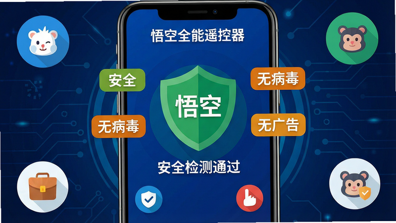主体:手机屏幕显示“悟空全能遥控器”的安全检测界面,界面中央有一个绿色盾牌图标,周围有“安全”、“无病毒”、“无广告”等字样;布局:手机位于画面中央,背景为深蓝色科技感背景;排版:盾牌图标下方有“安全检测通过”文字,四角分布着四个圆形小图标;风格:扁平化插画风格,色彩对比强烈;细节:盾牌上有“悟空”二字,屏幕顶部有“悟空全能遥控器”字样;画质:高清,干净,无多余元素。