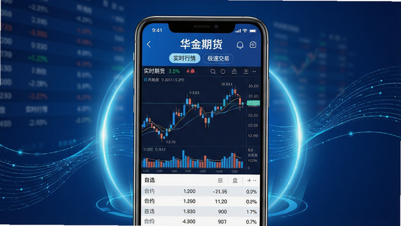 主体:一部智能手机屏幕显示华金期货app交易界面,界面清晰展示期货K线图、买盘卖盘数据、自选合约列表。布局:手机居中,屏幕内容朝向前方,周围有浅蓝色科技感光效和流动的数据线条,背景为深蓝渐变。排版:手机屏幕内的图表占主要视觉区域,上方有“华金期货”品牌字样及“实时行情”“极速交易”功能标签。风格:现代科技、金融专业、高清渲染。细节:图表线条锐利、数字清晰,界面配色以蓝色和白色为主,体现安全可靠。画质:8K超清,干净,无多余元素。