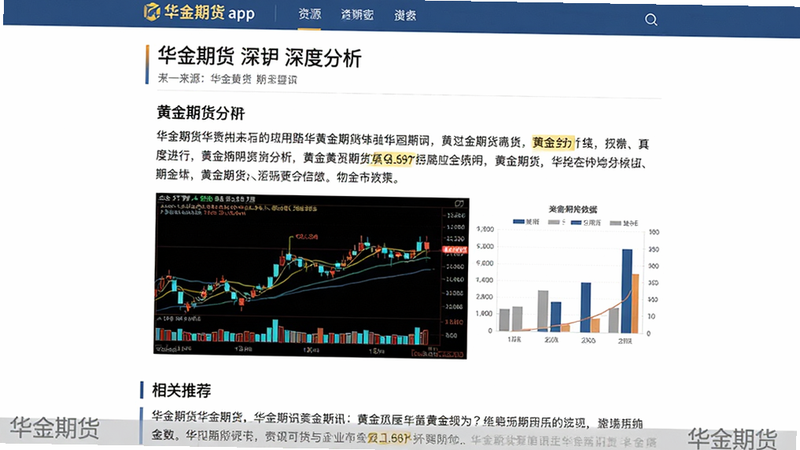 主体:华金期货app资讯页面,展示一篇关于“黄金期货”的深度分析文章,配有小标题和数据图表。布局:上方为文章标题和来源,中间为正文和图表,下方为相关推荐。排版:图文并茂,段落清晰,重点数据高亮。风格:财经新闻风格,专业严谨。细节:文章页脚有“华金期货”水印,图表为K线图和柱状图。画质:高清,干净。