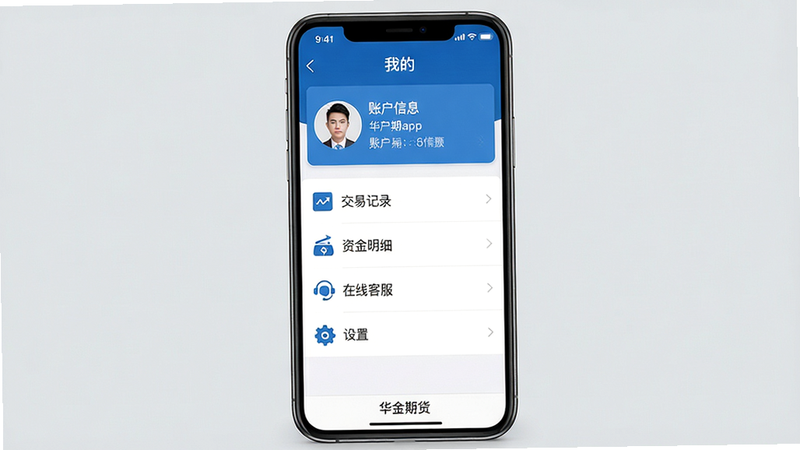 主体:一张手机截图展示华金期货app的“我的”页面,包含头像、账户信息、功能菜单列表。布局:页面顶部为个人信息卡片,下方为菜单项,包括“交易记录”“资金明细”“在线客服”“设置”等。排版:列表整齐,图标清晰。风格:简洁商务,蓝白主色调。细节:页面底部有“华金期货”字样,背景为浅灰色。画质:高清,干净,无多余元素。