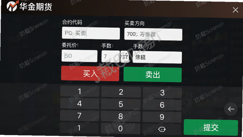 主体:华金期货app交易下单界面,显示合约代码、买卖方向、委托价格、手数等输入框,以及“买入”“卖出”按钮。布局:表单居中,下方为数字键盘和提交按钮。排版:输入框排列整齐,按钮颜色鲜艳(买入红色,卖出绿色)。风格:专业金融app风格,简洁清晰。细节:左上角有“华金期货”logo,界面有防截屏水印。画质:高清,干净,无多余元素。