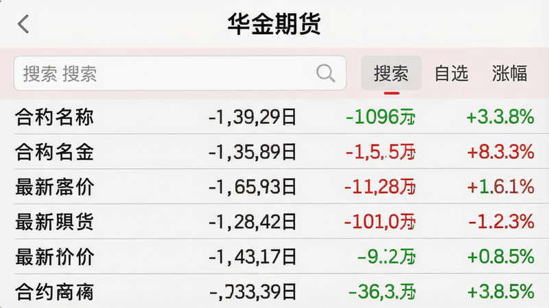 主体:华金期货app行情页面截图风格,展示多品种期货实时报价列表,绿色红色涨跌颜色分明。布局:上方为搜索栏和自选标签,下方为列表,每行包含合约名称、最新价、涨跌额、涨跌幅。排版:列表清晰,数字采用等宽字体,突出涨跌颜色。风格:简洁商务,红绿配色,扁平化设计。细节:列表有分割线,顶部有“华金期货”字样,背景淡白。画质:高清,干净,无多余元素。