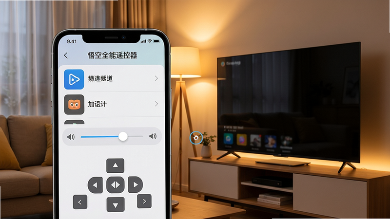 一张现代简约风格的智能手机屏幕特写,屏幕中显示“悟空全能遥控器”主界面,界面有频道列表、音量滑块、方向键等元素,手机旁边放置一台超薄智能电视,背景为温馨的客厅环境,暖色调灯光,画面干净清晰,突出手机与电视的互联场景,整体风格专业且富有科技感,画质高清,无多余元素。