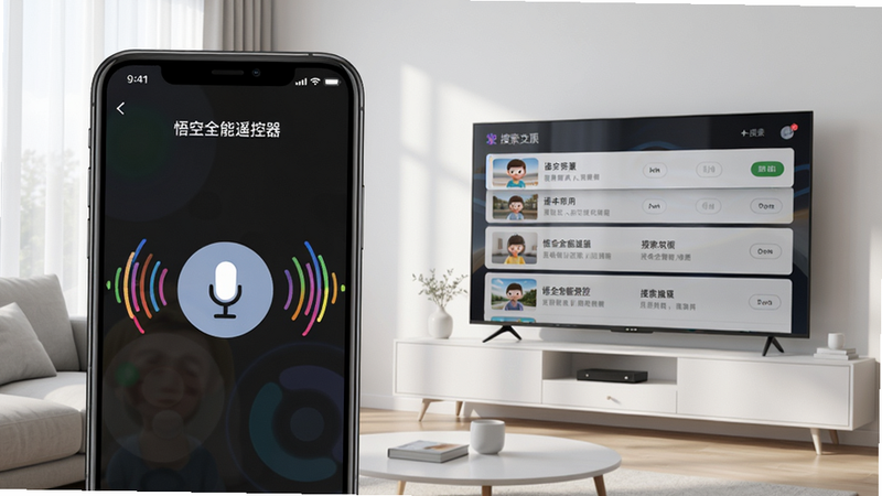 一张语音交互场景图,手机屏幕显示“悟空全能遥控器”的语音输入界面,界面中央有一个麦克风图标,周围有彩色声波动画,手机旁边有一台电视,电视屏幕显示搜索结果列表,背景为简洁的现代客厅,光线明亮,突出语音控制的便捷与智能感,画面干净,画质高清。