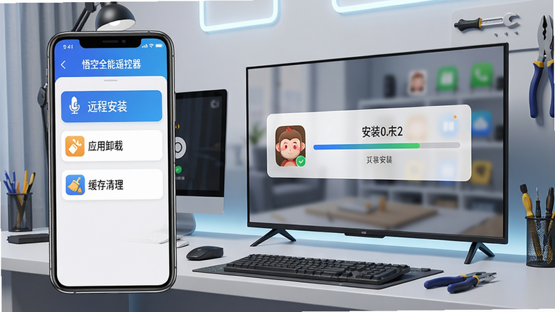 一张手机与电视联动安装应用的示意图,手机屏幕上显示“悟空全能遥控器”的应用管理界面,包含“远程安装”、“应用卸载”、“缓存清理”等选项,电视屏幕则显示正在安装应用的进度条,背景为现代科技感的工作台,有电脑和工具元素,整体风格专业,画面清晰,无多余元素。