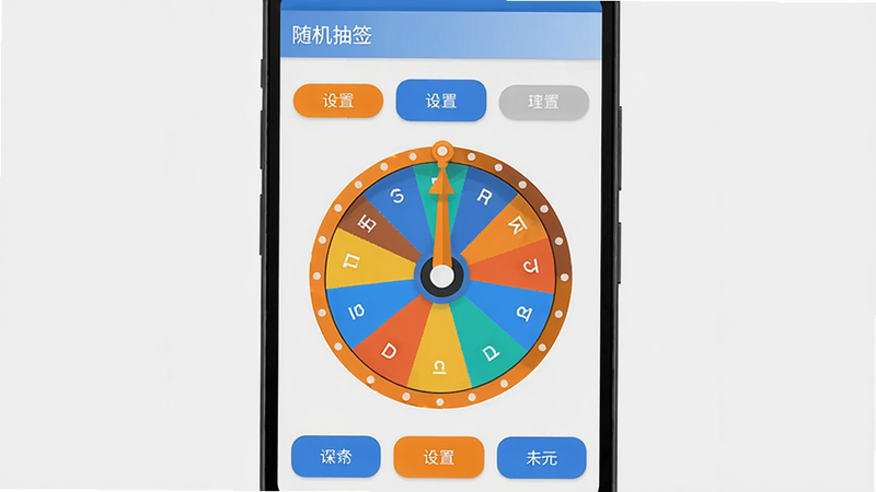 图片主体为“随机抽签”安卓版软件在手机屏幕上运行时的全屏预览图,界面中央是一个色彩鲜艳、带有指针的大转盘,转盘周围分布着多个设置选项按钮,布局规整。整体风格为扁平化UI设计,背景为浅灰色,搭配蓝色和橙色的撞色元素,细节清晰,画质干净,无多余元素。