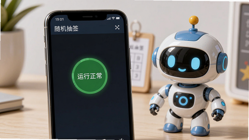 图片主体为“随机抽签”软件在安卓手机上的运行状态截图,屏幕显示“运行正常”的绿色标识,手机旁边放着一个小型机器人吉祥物。布局为手机与实物的组合摆拍,风格为商业产品图,光线柔和,细节丰富,画质干净,无多余元素。
