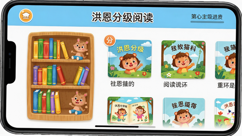 洪恩分级阅读主界面预览图,主体为彩色卡通风格的应用主屏幕,展示书架与绘本封面,布局清晰,排版活泼,风格明亮童趣,细节包括分级标签和阅读进度,画质高清干净,无多余元素