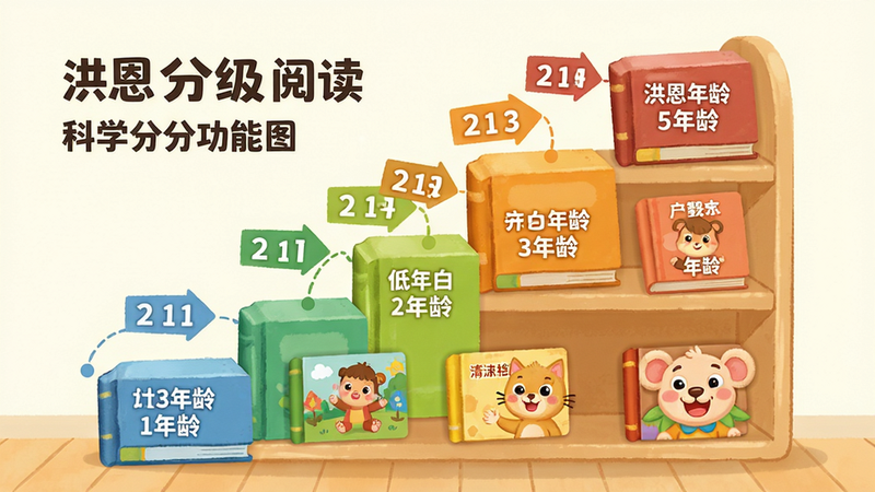 洪恩分级阅读科学分级功能展示图,主体为分级书架的彩色插画,布局展示从低到高的阶梯式书籍排列,排版有序,风格清新卡通,细节标注分级数字与对应年龄,画质细腻干净,无多余元素