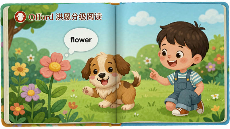 洪恩分级阅读牛津绘本内页展示,画面中一只可爱的小狗和小朋友在花园里玩耍,点击花朵会出现单词“flower”的发音气泡,绘本风格,色彩鲜艳,高清画质,干净无多余元素
