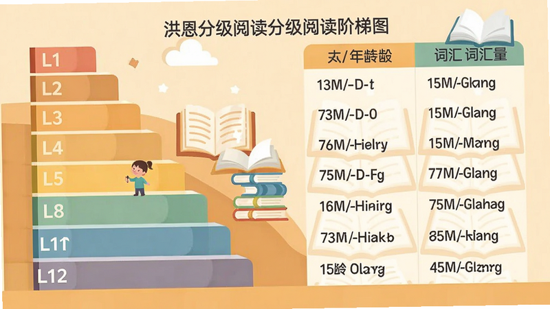 洪恩分级阅读分级阅读阶梯图,左侧展示从L1到L12的级别递增,右侧对应不同年龄段和词汇量,背景有台阶和书本元素,配色温暖,扁平化设计,干净无多余元素
