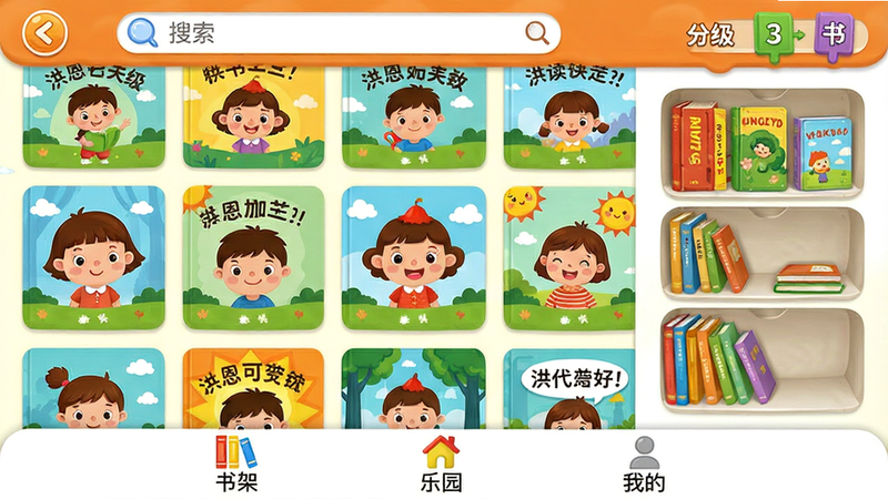 洪恩分级阅读软件主界面预览图,展示儿童友好的彩色绘本封面墙,顶部有搜索栏和分级书架,底部导航栏有“书架”“乐园”“我的”等标签,整体明亮活泼,卡通风格,高清画质,干净无多余元素