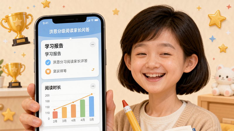 洪恩分级阅读家长问答界面,展示一个家长在手机前满意的表情,屏幕上有“学习报告”和“阅读时长”统计图表,背景有奖杯和星星,温馨风格,高清画质,干净无多余元素