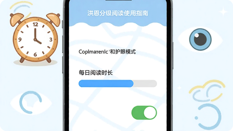 洪恩分级阅读使用指南示意图,展示家长在手机上设置每日阅读时长和护眼模式的界面,有蓝色进度条和绿色开关,背景有卡通时钟和眼睛图标,简洁明了,干净无多余元素