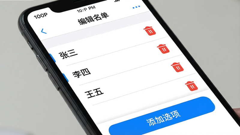 主体:手机屏幕特写,显示随机抽签的“编辑列表”界面,列表中有“张三”、“李四”、“王五”等名字条目,每个条目右侧有红色的删除图标。布局:手机横屏展示,列表从上到下排列,顶部有“编辑名单”标题栏,底部有“添加选项”按钮。排版:列表整齐,界面清晰,重点突出交互元素。风格:简洁的UI设计风格,白底黑字,蓝色高亮按钮,带有一点圆角,视觉上非常清爽。细节:删除图标醒目,列表项之间有细分隔线,界面顶部状态栏显示时间。画质:1080P高清,干净,无多余元素。