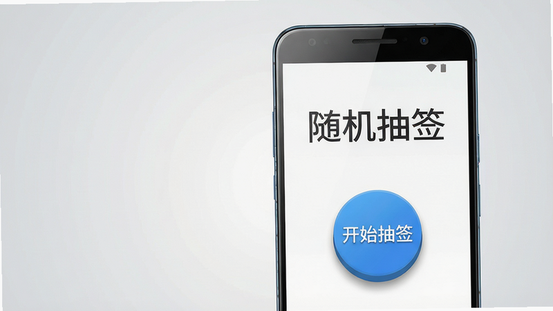 主体:一部亮屏的安卓手机特写,屏幕中央是应用主界面,界面顶部有“随机抽签”四个大字。布局:手机位于画面中央偏右,左侧留白,屏幕内容清晰可见,界面简洁,上方是标题,下方是醒目的圆形“开始抽签”按钮。排版:画面干净,主体突出,手机屏幕是视觉焦点。风格:现代扁平化设计风格,色彩明快,背景采用浅灰色渐变,营造出清爽、专业的科技感。细节:手机屏幕中“开始抽签”按钮带有微微的立体阴影,屏幕边缘有细腻的高光反射,整体画质清晰。画质:4K超高清,干净,无多余元素。