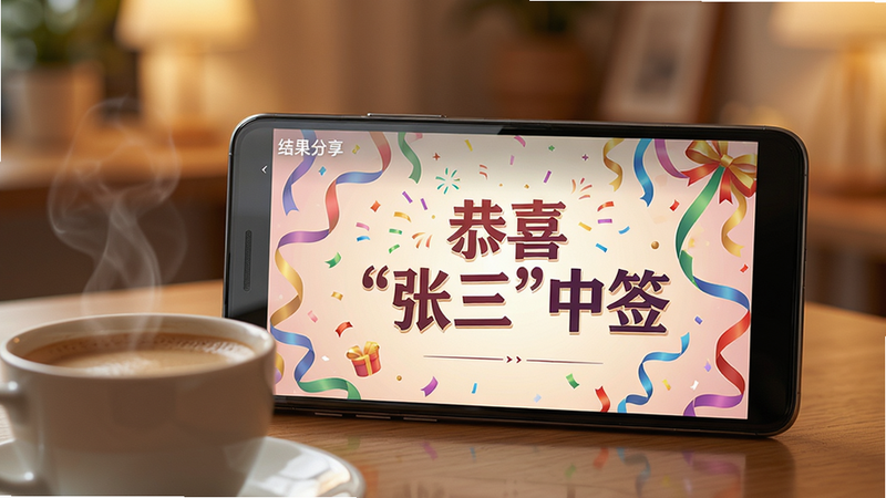 主体:一部安卓手机横屏放置,屏幕显示随机抽签的“结果分享”页面,上面是一张精美的海报,写着“恭喜‘张三’中签”,手机旁放着一杯咖啡。布局:手机位于画面中央,屏幕内容清晰,海报图案占据屏幕大部分,咖啡杯置于手机左前方作为点缀。排版:画面和谐,主体明确,文字内容醒目。风格:温馨的生活化场景,室内暖光照明,背景虚化,突出手机屏幕。细节:海报背景是彩色飘带和礼花,字体为艺术字,屏幕玻璃有轻微反光,咖啡冒着热气。画质:高清,干净,无多余元素。