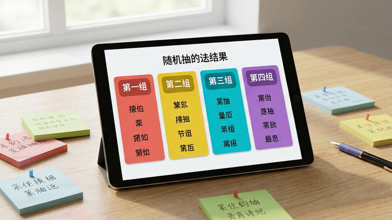 主体:一张木桌上的场景,一台平板电脑显示随机抽签的分组结果界面,四个彩色卡片区域分别标注“第一组”、“第二组”、“第三组”、“第四组”,每组下方有不同的人名。布局:平板电脑居中,周围散落着彩色便签纸和笔,桌面整洁。排版:画面清晰,平板屏幕是绝对焦点,分组色块鲜明。风格:明亮干净的办公风格,自然光从窗户斜射进来,色彩饱和度适中。细节:屏幕上的名字清晰可读,便签纸上有手写笔记痕迹,平板边框有金属质感。画质:超高清,干净,无多余元素。