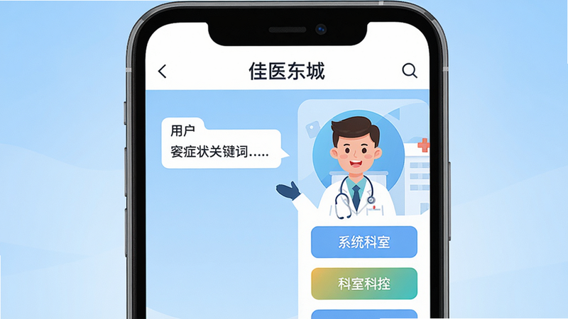 ���壺�����ֻ���Ļ����ʾ��ҽ����APP�����ܵ���Ի����棬һ����ͨҽ�������������ʣ����֣��ֻ�λ�ڻ������룬����Ϊ��͵Ľ�����ɫ���Ű棺����������û������֢״�ؼ��ʣ��Ҳ���ϵͳ�Ƽ��Ŀ���ѡ�ť����񣺱�ƽ���廭���ɫ�����죬ϸ�ڣ���Ļ�Ϸ������Եġ���ҽ���ǡ������������ʣ��������ɾ����޶���Ԫ��