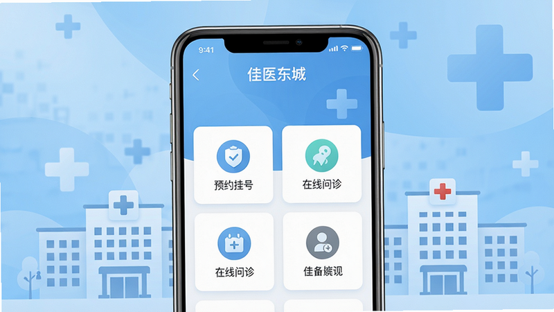 画面主体为智能手机屏幕展示“佳医东城”APP界面,界面清晰显示预约挂号、在线问诊等功能模块图标,背景为柔和渐变的医疗蓝色,布局采用居中构图,扁平化设计风格,细节包含医院建筑剪影与十字标志,画质高清干净,无多余元素