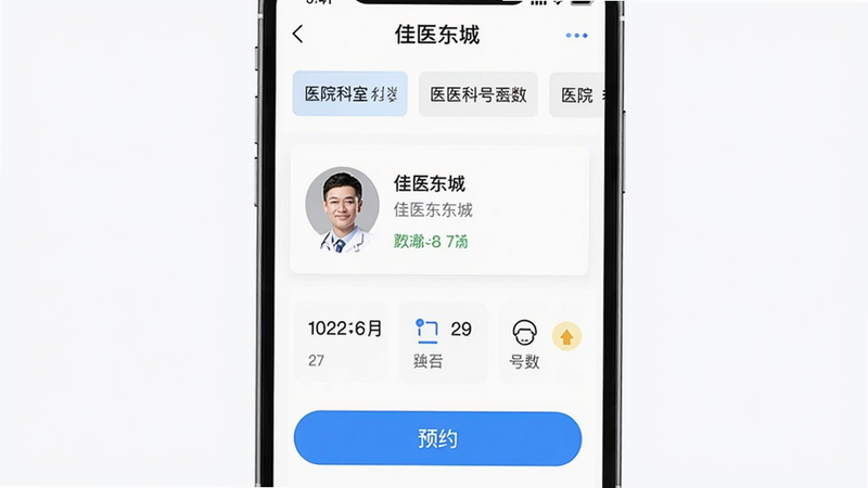 画面主体为“佳医东城”APP的预约挂号界面截图展示,布局为列表式信息排列,上方显示医院科室分类标签,中部为医生头像与职称介绍,下方有蓝色“预约”按钮,风格简洁清晰,细节突出日期选择与剩余号数提示,画质干净无多余元素