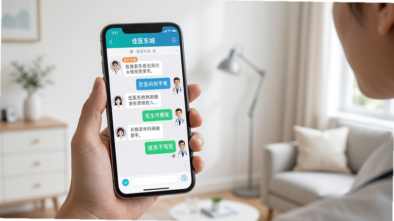 画面主体为一位用户手持手机展示“佳医东城”APP中的在线问诊聊天界面,界面内有文字消息与医生回复的虚拟形象,布局采用平视视角,背景为简约的室内环境,风格真实自然,细节突出手机屏幕内的“医生在线”状态标识,画质高清干净
