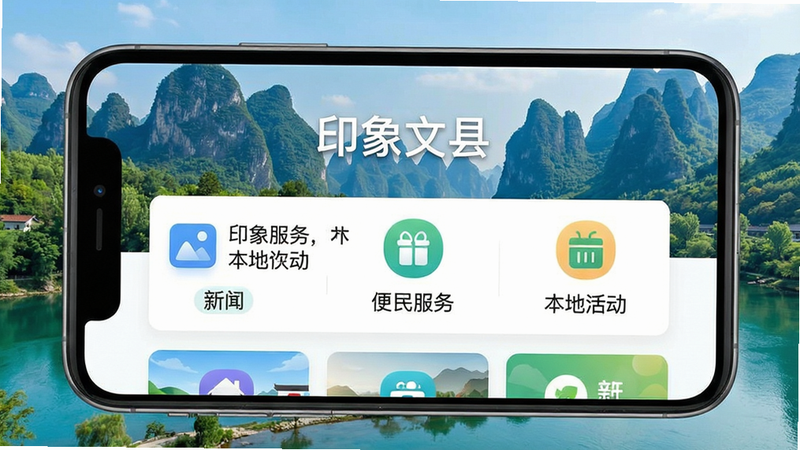 一张展示智能手机屏幕的图片,屏幕中显示“印象文县”APP主界面,界面风格简洁现代,包含新闻资讯、便民服务、本地活动等模块图标,背景为文县自然山水风光,整体色调清新明亮,画质干净,无多余元素,文字“印象文县”清晰可见
