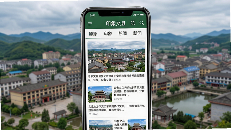一张展示智能手机屏幕的图片,屏幕中显示“印象文县”APP的新闻资讯页面,页面顶部有分类标签,下方为图文并茂的新闻列表,背景为文县县城全景,画质干净,无多余元素,文字“印象文县”清晰可见