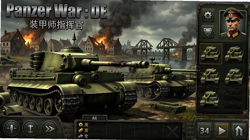 主体:《Panzer War : DE》游戏主界面展示,多辆德军坦克列阵,背景为硝烟弥漫的欧洲战场,远景有燃烧的城镇与残破的桥梁。布局:画面中央偏左为一辆虎式坦克特写,右侧为部队编队面板,底部为资源栏与指令按钮,整体呈标准横版策略游戏UI布局。排版:信息层级清晰,主标题“Panzer War : DE”以金属质感字体置于左上角,副标题“装甲师指挥官”位于其下,按钮图标采用军规风格。风格:写实军事风,色彩偏暗绿与土黄,光影强调战地氛围,烟雾粒子效果明显。细节:坦克履带纹理清晰,炮管有灼烧痕迹,指挥官头像带军衔标识,UI边缘有磨损做旧处理。画质:4K高清渲染,明暗对比强烈,干净无多余元素。