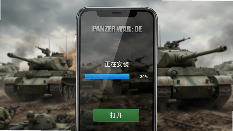 主体:《Panzer War : DE》游戏下载安装页面,手机屏幕显示安装进度条,背景为装甲部队冲锋画面。布局:画面中央为手机设备特写,屏幕中显示“正在安装”字样,底部为“打开”按钮,背景为模糊的战场场景。排版:安装进度条以蓝色显示,百分比数字清晰,按钮为绿色,整体简洁直观。风格:写实风格,光线柔和,突出手机屏幕内容。细节:手机边框有金属质感,屏幕玻璃反光,背景战场有坦克轮廓。画质:高清渲染,干净无多余元素。