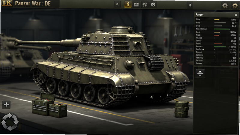 ���壺��Panzer War : DE����Ϸ��ͼ��չʾһ������̹���ڳ�������е�����ͼ������Ϊ�谵�Ļ��⡣���֣�̹�˾��У������ӽǣ��Ҳ���ʾ���ܲ�����壬���½���������ת��ť���Ű棺����UI���þ��·�񣬱��⡰Panzer War : DE�������Ͻǣ������������������дʵ��Ⱦ�������ʸ�ǿ�ң��ƹ�۽���̹���ϣ������黯��ϸ�ڣ�̹��װ�װ��ϵĺ��졢�����䡢�����Ĵ���ϸ�ڷḻ�����ʣ�4K���壬��Ӱ��Ȼ���ɾ��޶���Ԫ�ء�