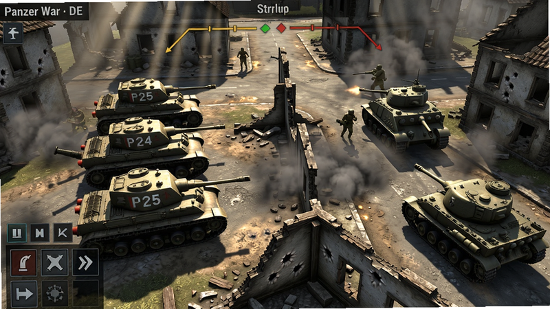 ���壺��Panzer War : DE��ս��������ͼ�����ָ�������ĺ�̹���ڴ�ׯ�����з����з�л����̹�ˡ����֣�������ø����ӽǣ����Ϊ���̹�˱�ӣ��Ҳ�Ϊ�з�̹�ˣ��м��ǽֵ��Ͷ�ǽ���Ű棺ս���Ϸ���ս��ָʾ�ߣ����½���ָ�ť�����дʵս�������������������͸���������䡣ϸ�ڣ�̹�˲�����ս����ţ�ǽ�嵯�����������ʣ�������Ⱦ����̬��Ӱ���ɾ��޶���Ԫ�ء�