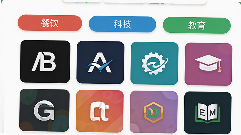 չʾ��logo������Appģ�����棬��Ļ����ʾ��������ǩ���硰�����������Ƽ����������������·��ǲ�ͬ����Logoģ�壬�м�Լ����ĸ��ϡ�ͼ��ͼ��ȣ�������ÿ�Ƭʽ���֣�ɫ�ʷḻ������Ϊ��ɫ�������������޶���Ԫ��