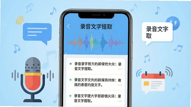 主体:一部智能手机屏幕显示录音文字提取应用界面,界面中有波形图和文字段落。布局:手机居中,背景为浅蓝色渐变,周围有话筒和文字气泡元素。排版:手机屏幕内展示“录音文字提取”字样及转写结果列表。风格:现代扁平化,色彩明快。细节:界面清晰,文字段落可读,话筒图标醒目。画质:高清,干净,无多余元素。